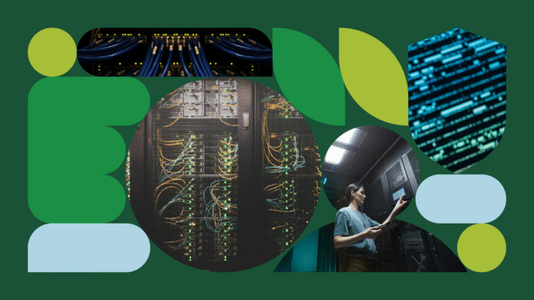 green banner with images of data centres